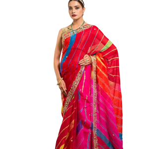 Gulkand Lehariya Saree | Aari Gottapati Work on Chinon | Jaipurio Designer Collection